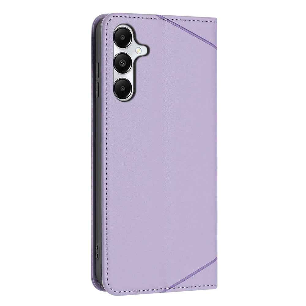 For Samsung Galaxy A57 5G Wallet Case Line Imprinted Leather Stand Phone Cover with Wrist Strap - Purple