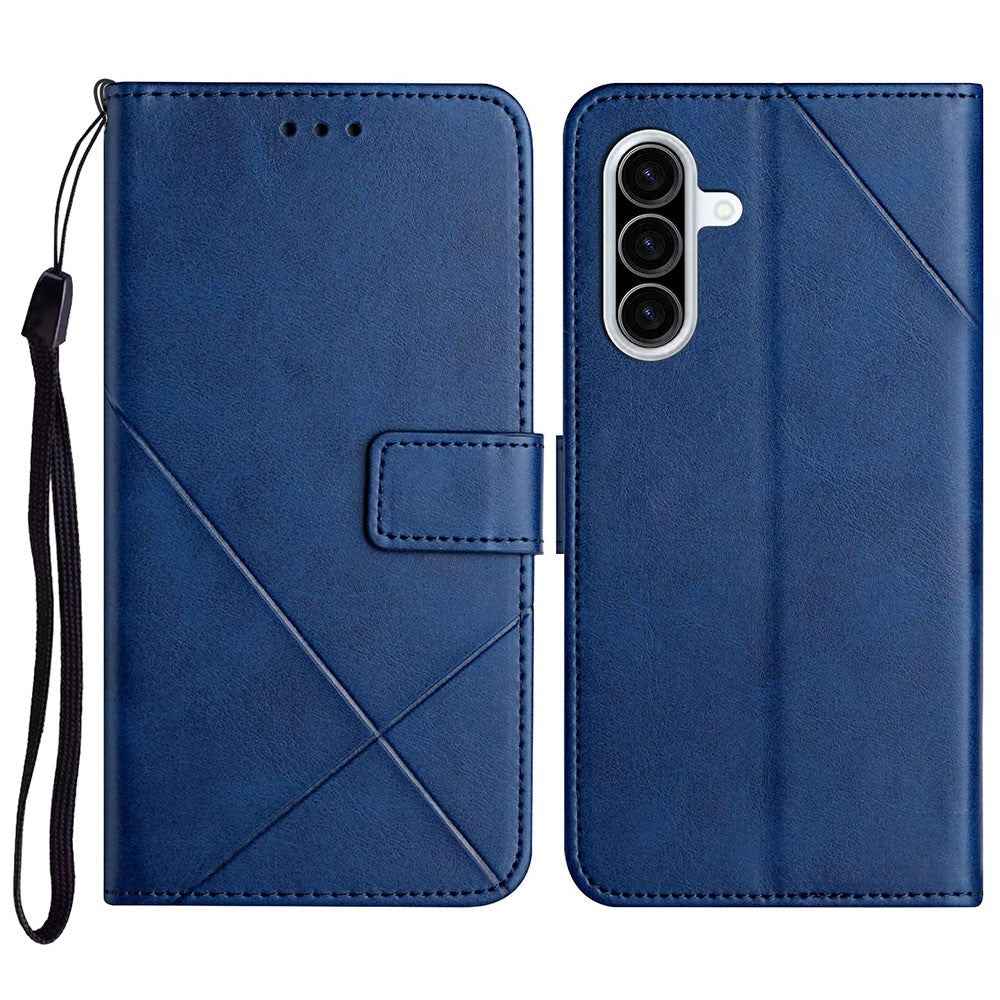 For Samsung Galaxy A57 5G Case Line Pattern Wallet Leather Phone Cover with Wrist Strap - Blue