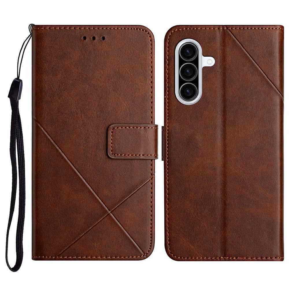 For Samsung Galaxy A57 5G Case Line Pattern Wallet Leather Phone Cover with Wrist Strap - Brown