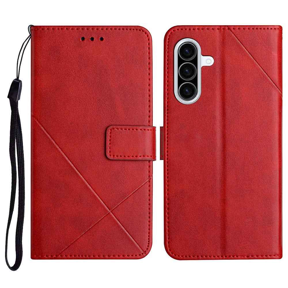 For Samsung Galaxy A57 5G Case Line Pattern Wallet Leather Phone Cover with Wrist Strap - Red