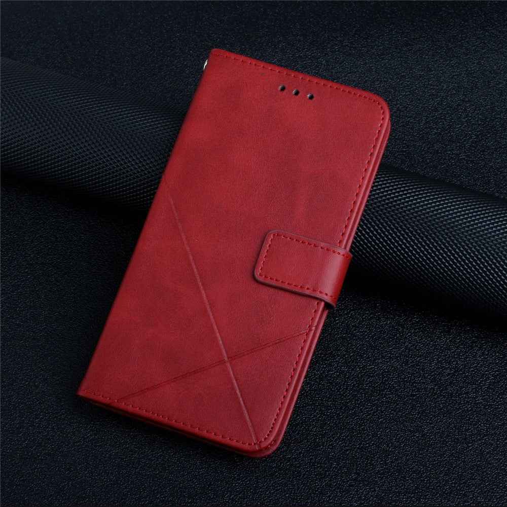 For Samsung Galaxy A57 5G Case Line Pattern Wallet Leather Phone Cover with Wrist Strap - Red