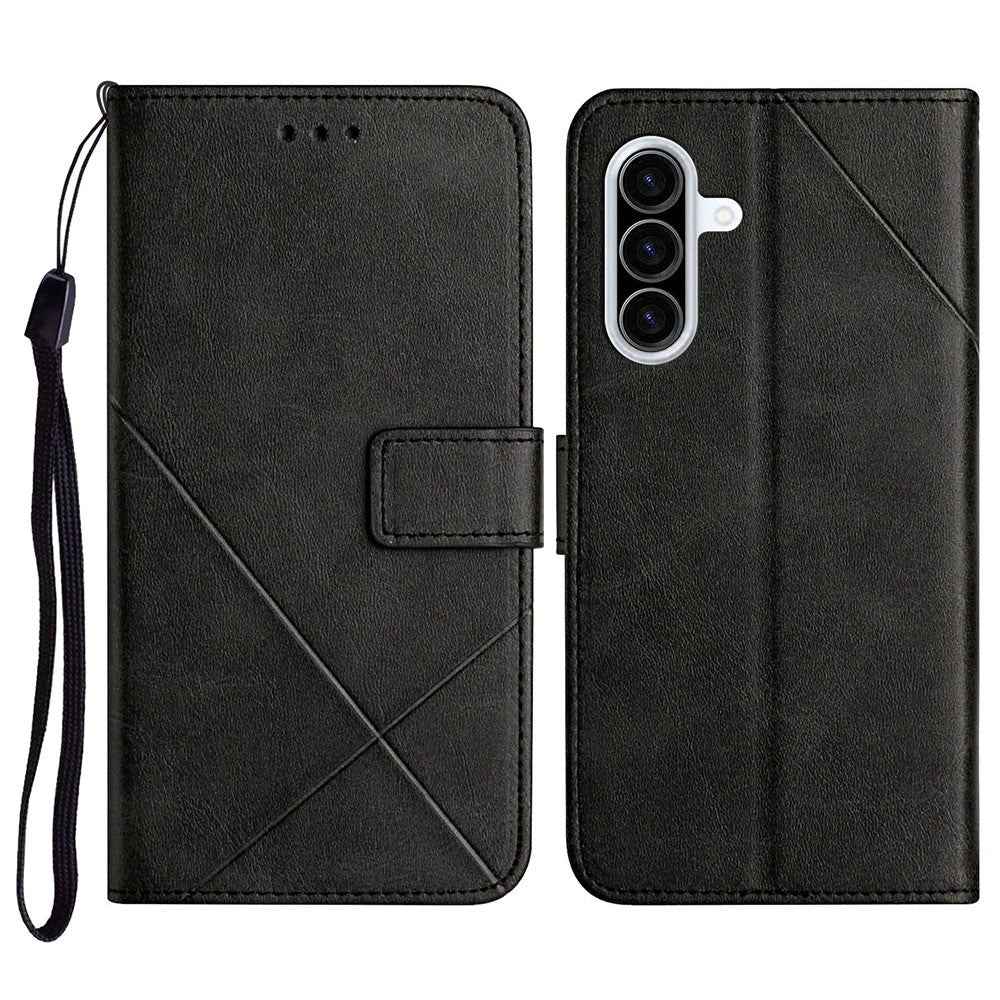 For Samsung Galaxy A57 5G Case Line Pattern Wallet Leather Phone Cover with Wrist Strap - Black