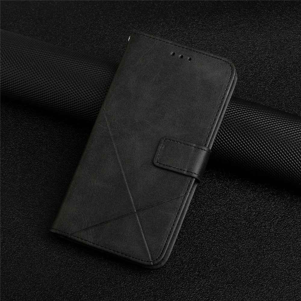 For Samsung Galaxy A57 5G Case Line Pattern Wallet Leather Phone Cover with Wrist Strap - Black