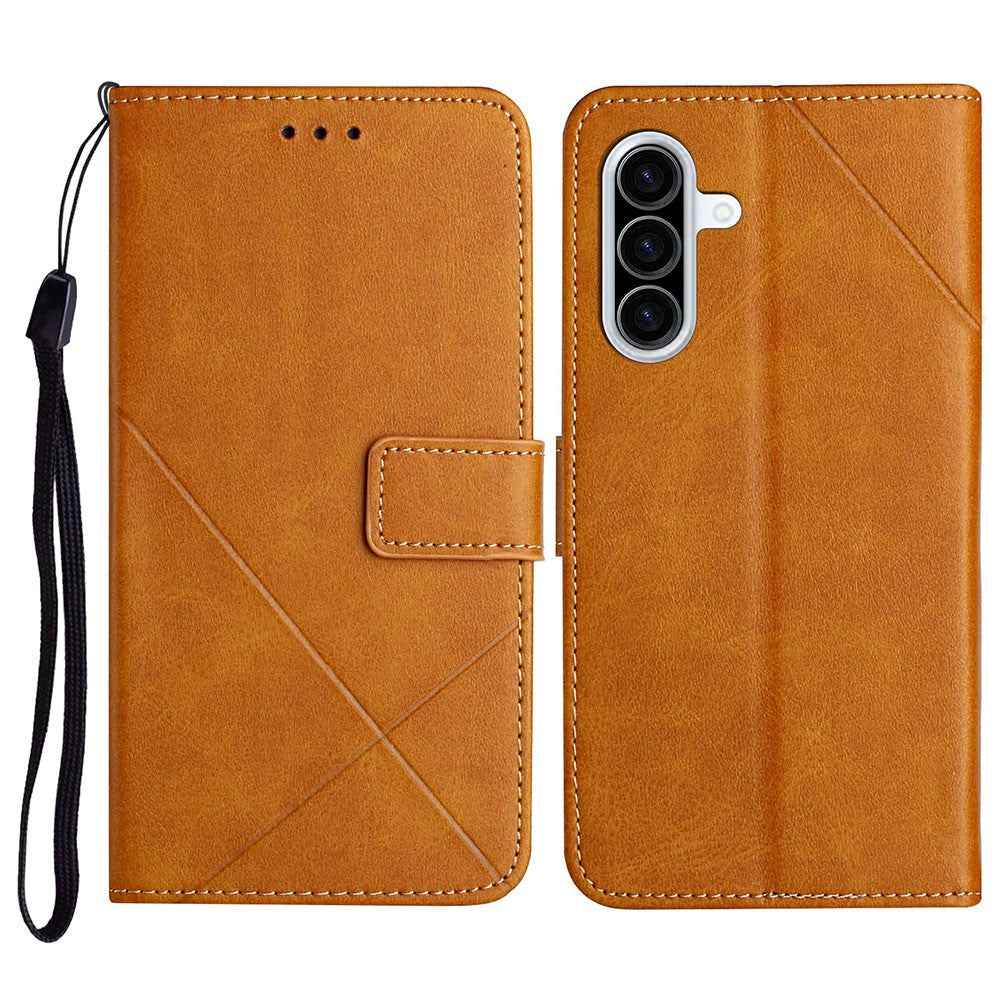 For Samsung Galaxy A57 5G Case Line Pattern Wallet Leather Phone Cover with Wrist Strap - Yellow