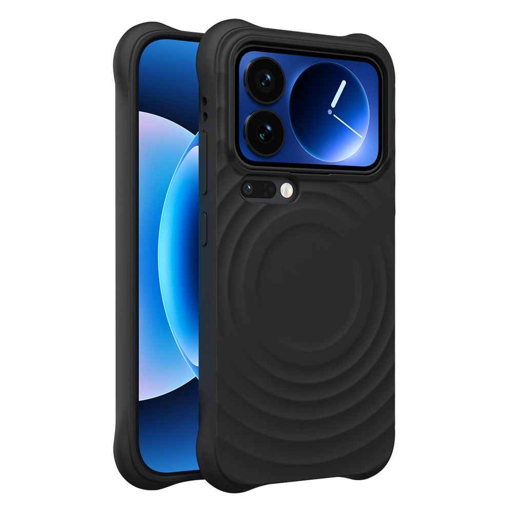 For Xiaomi 17 Pro Magnetic Case Ripple Texture Liquid Silicone TPU Protective Phone Cover with Explosion-Proof Tempered Glass  - Black