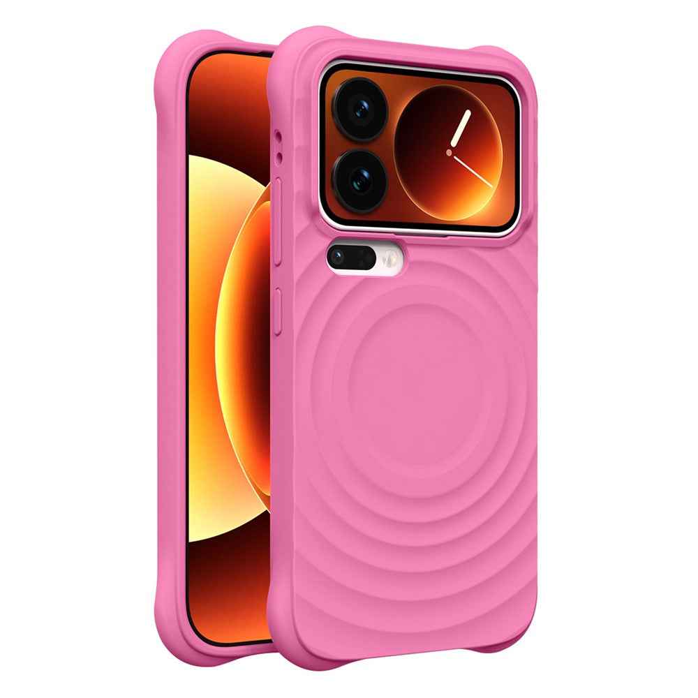 For Xiaomi 17 Pro Magnetic Case Ripple Texture Liquid Silicone TPU Protective Phone Cover with Explosion-Proof Tempered Glass  - Rose Powder
