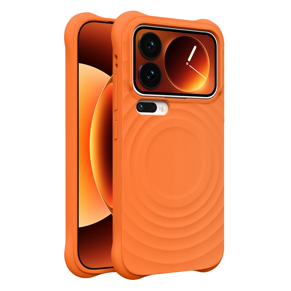 For Xiaomi 17 Pro Max Magnetic Case Ripple Texture Liquid Silicone TPU Protective Phone Cover with Explosion-Proof Tempered Glass - Orange