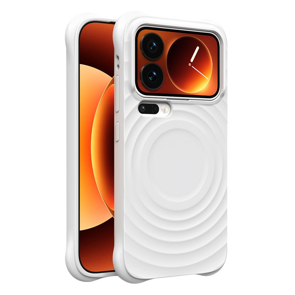 For Xiaomi 17 Pro Max Magnetic Case Ripple Texture Liquid Silicone TPU Protective Phone Cover with Explosion-Proof Tempered Glass - White