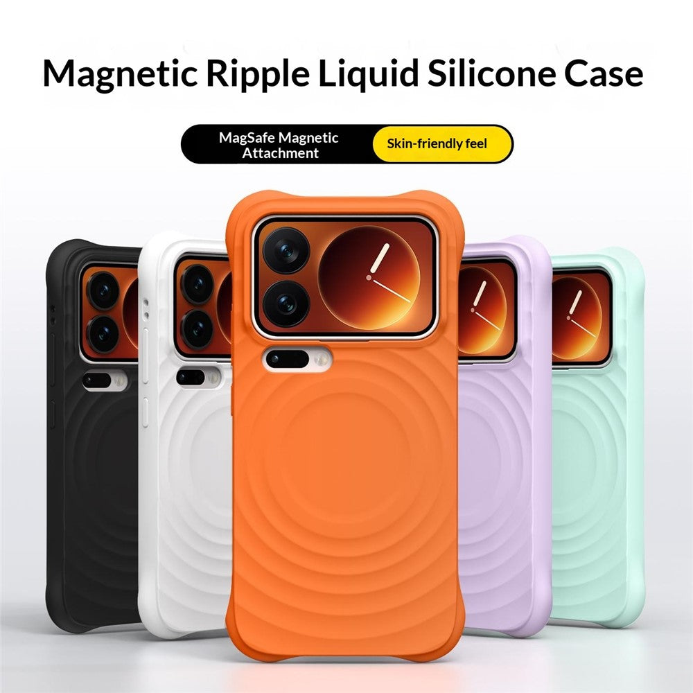 For Xiaomi 17 Pro Max Magnetic Case Ripple Texture Liquid Silicone TPU Protective Phone Cover with Explosion-Proof Tempered Glass - Misty Purple