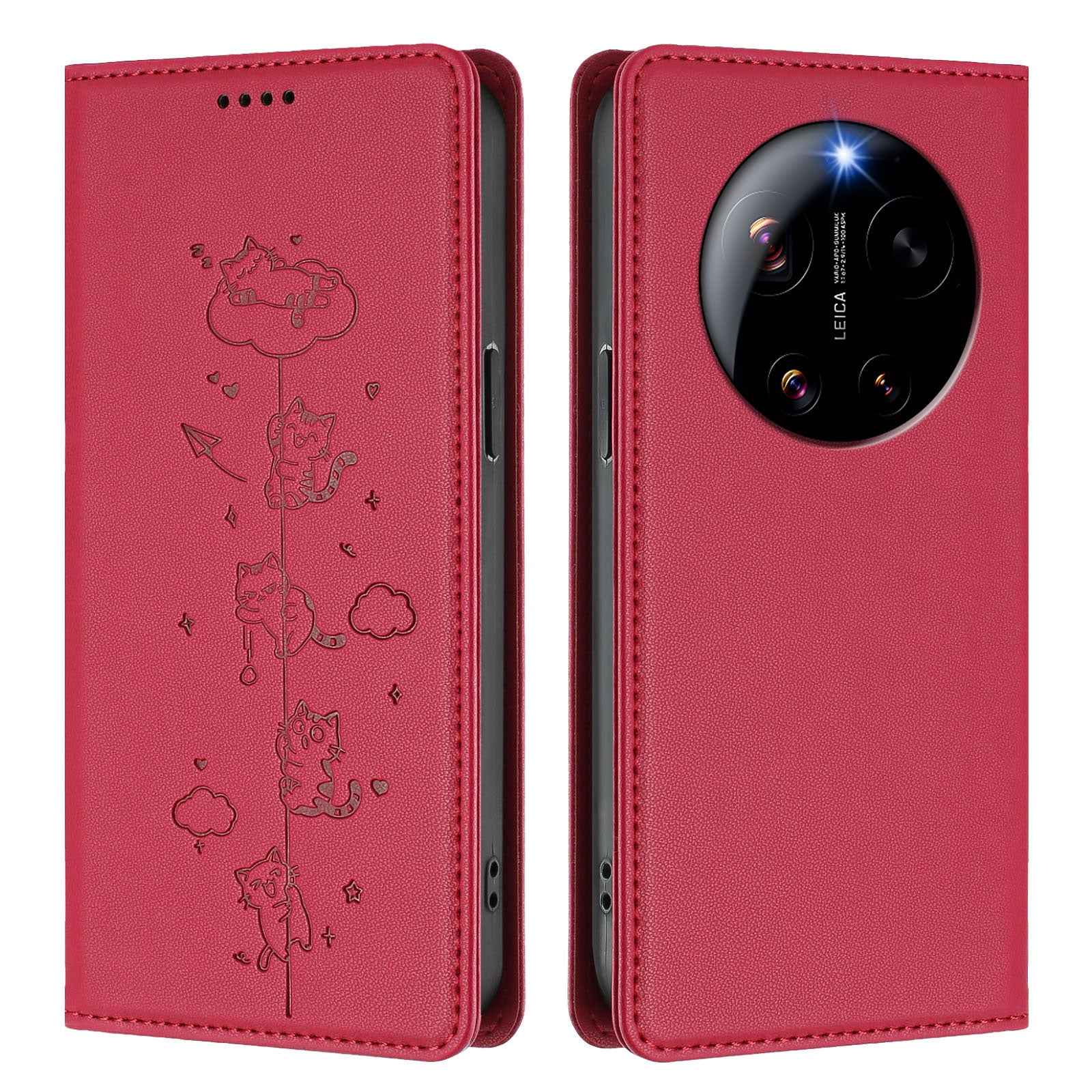 For Xiaomi 17 Ultra 5G Case RFID Blocking Wallet Stand Imprinted Cat Pattern Leather Phone Cover - Red