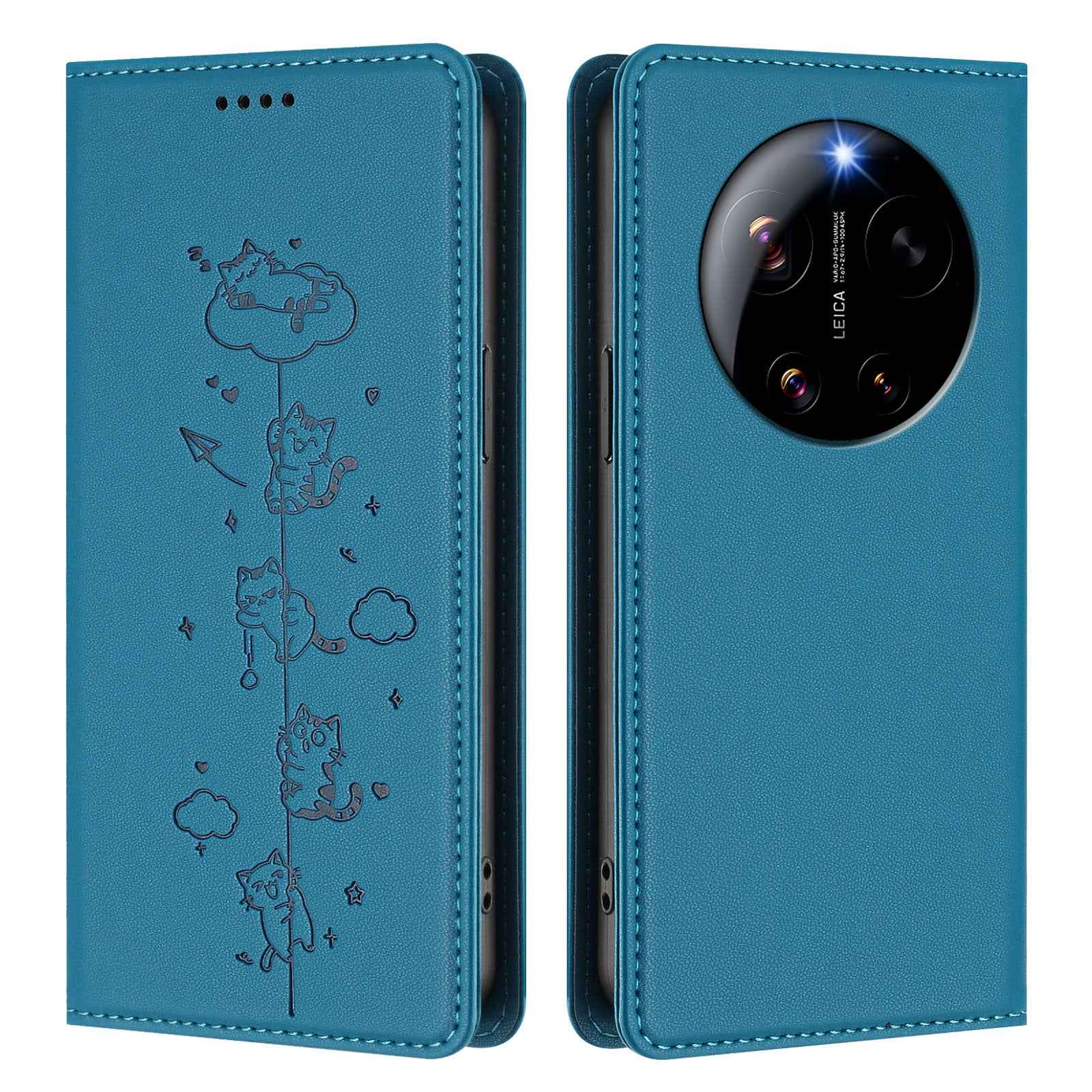 For Xiaomi 17 Ultra 5G Case RFID Blocking Wallet Stand Imprinted Cat Pattern Leather Phone Cover - Lake Blue