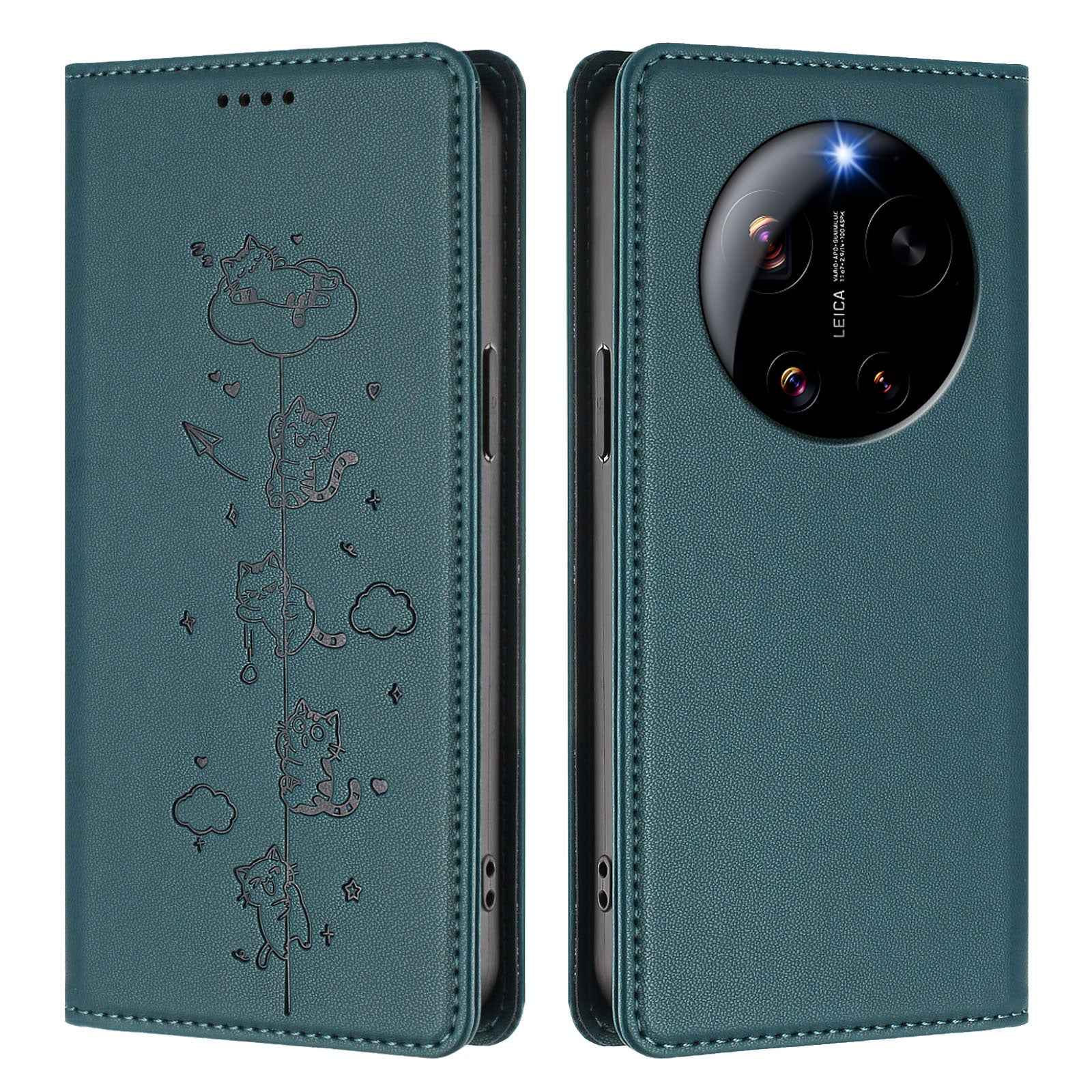 For Xiaomi 17 Ultra 5G Case RFID Blocking Wallet Stand Imprinted Cat Pattern Leather Phone Cover - Green