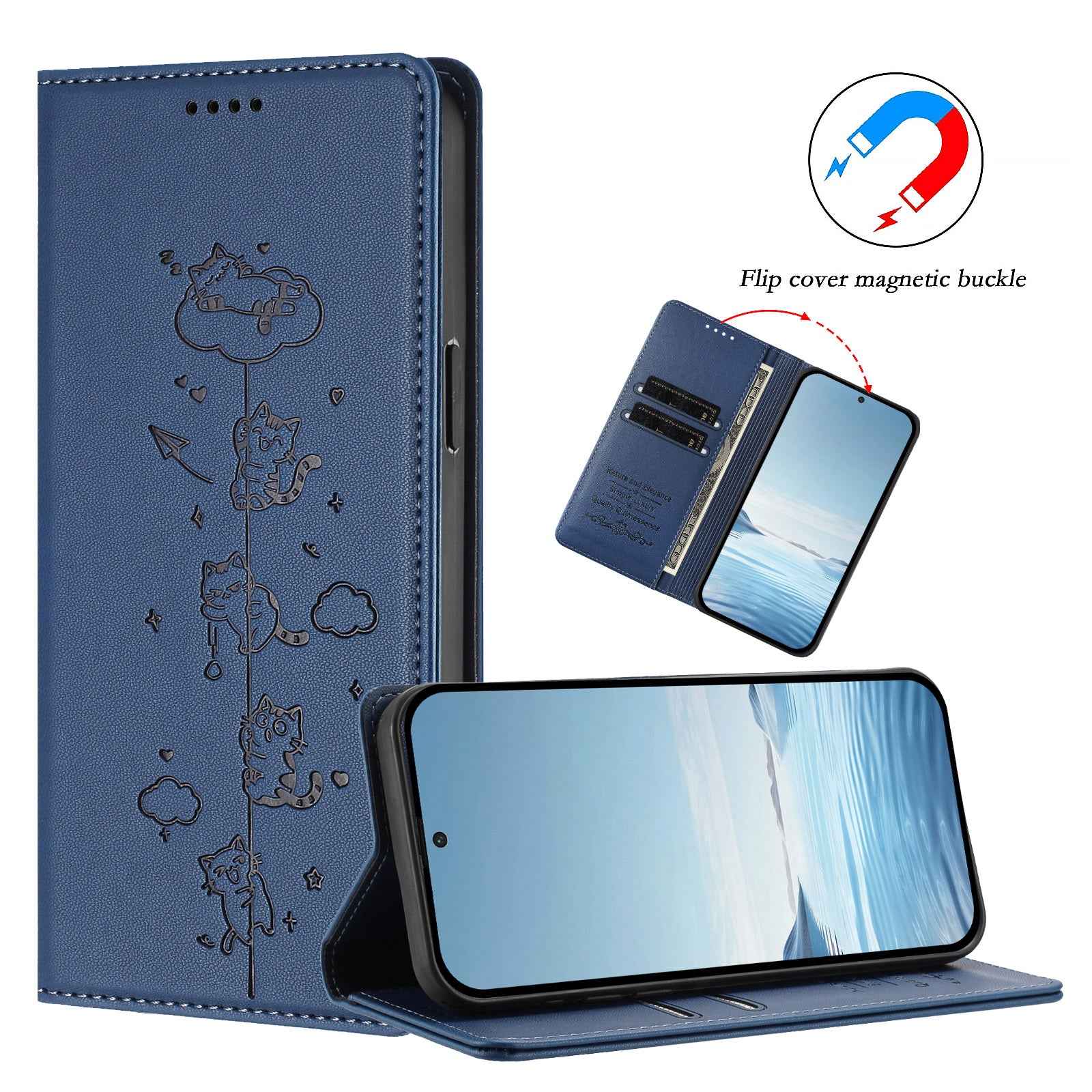 For Xiaomi 17 Ultra 5G Case RFID Blocking Wallet Stand Imprinted Cat Pattern Leather Phone Cover - Dark Blue