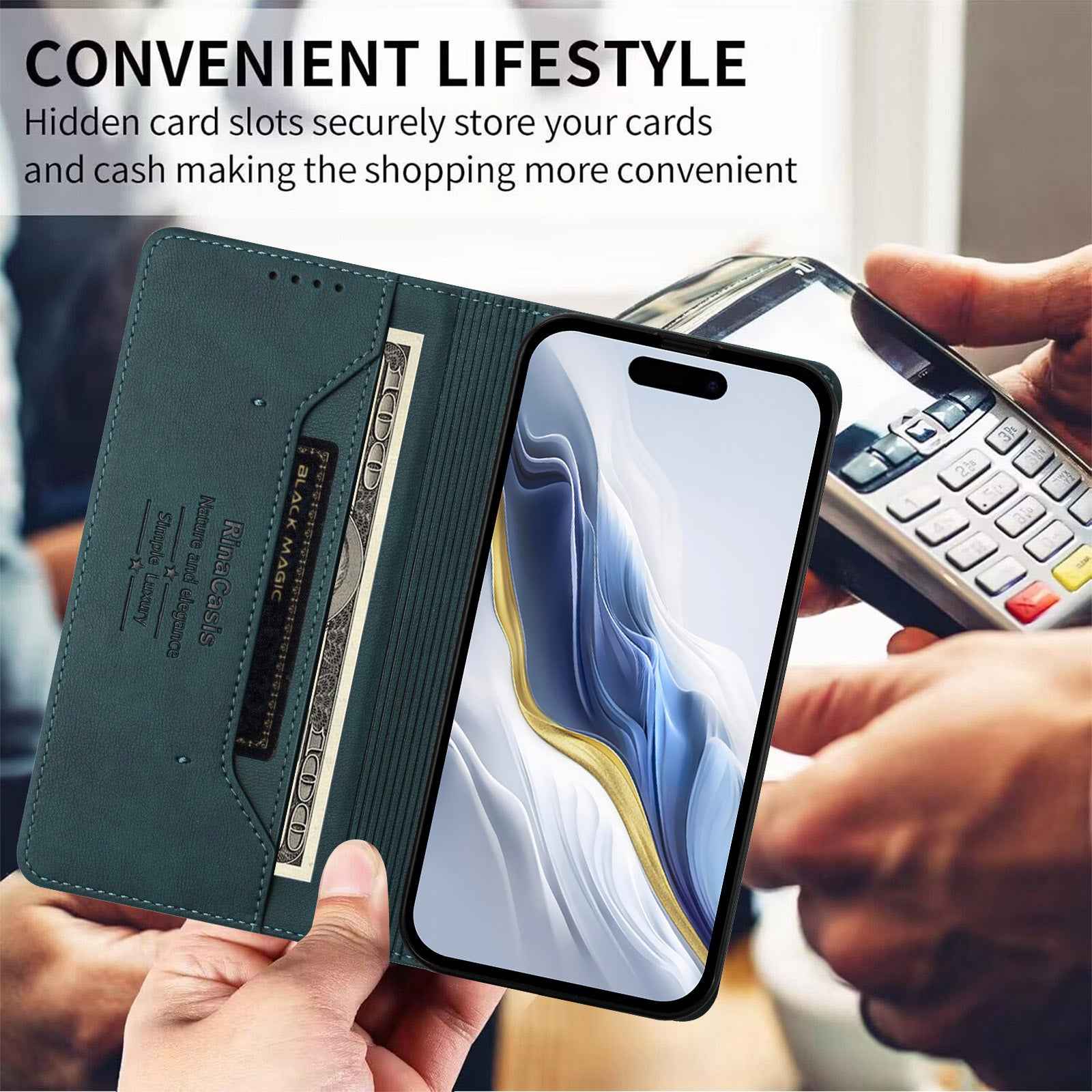 For Xiaomi 17 Ultra 5G Case RINACASIS RC23 RFID Blocking Wallet Stand PU Leather Phone Cover - Dark Green