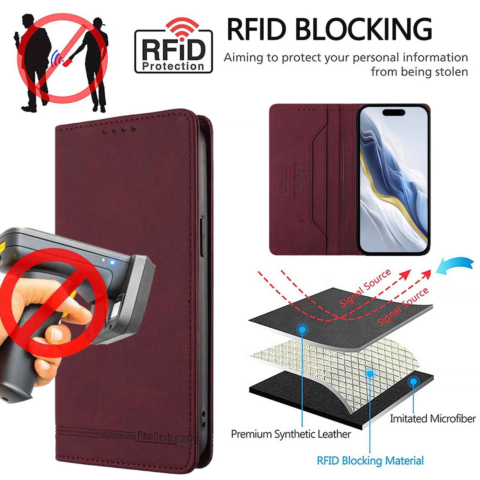 For Xiaomi 17 Ultra 5G Case RINACASIS RC23 RFID Blocking Wallet Stand PU Leather Phone Cover - Wine Red