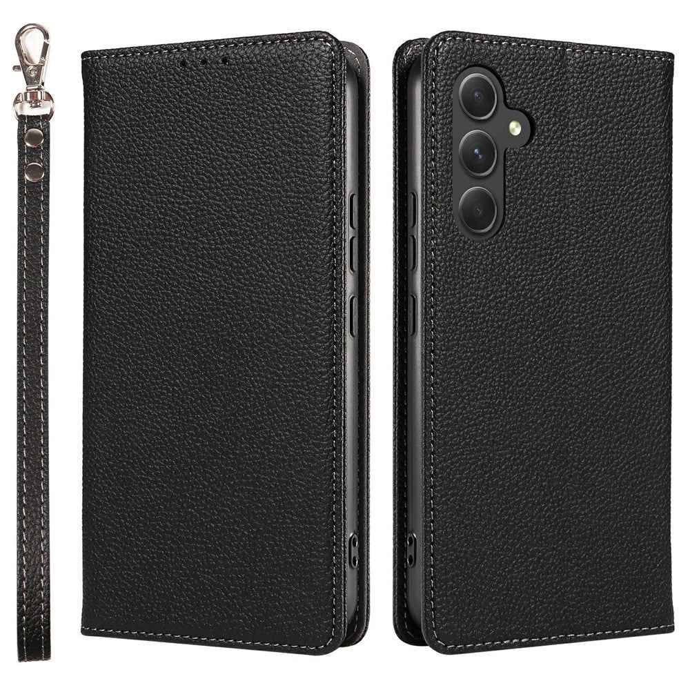 For Samsung Galaxy A57 5G Case Magnetic Litchi Texture Wallet Leather Phone Cover with Wrist Strap - Black
