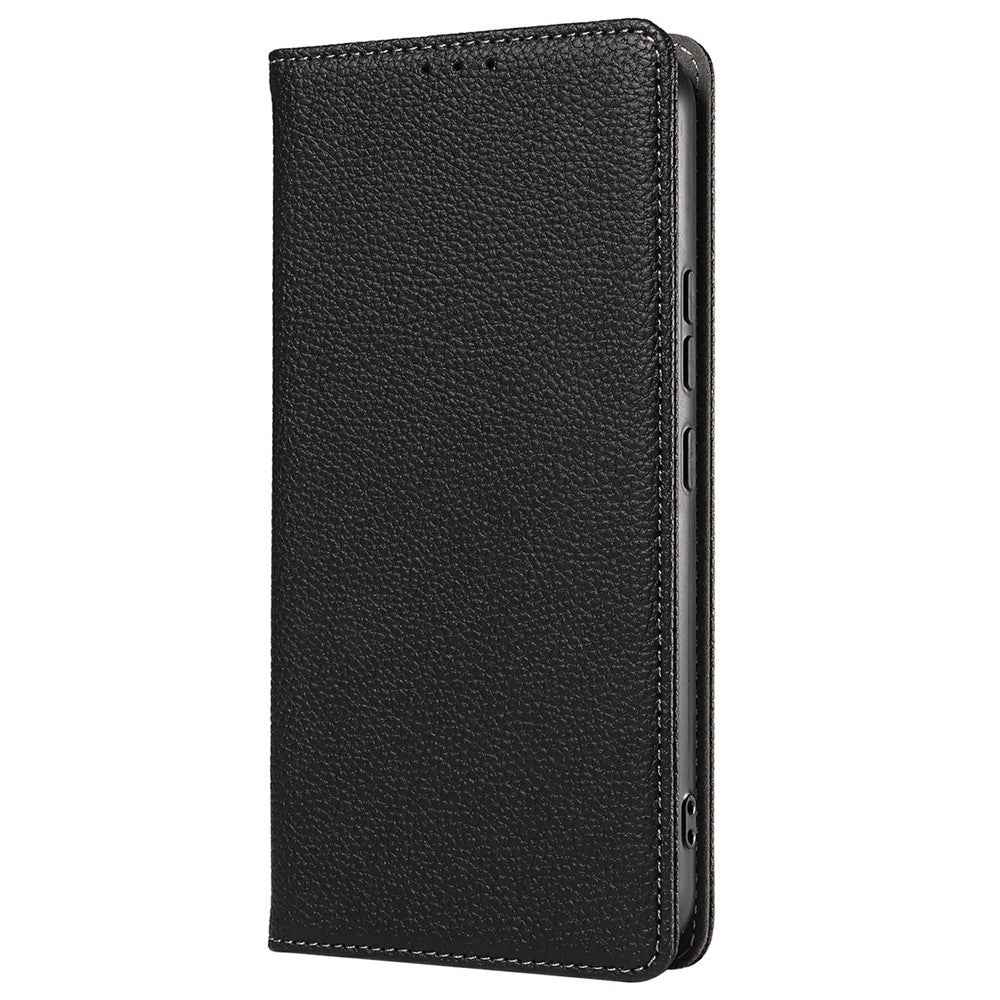 For Samsung Galaxy A57 5G Case Magnetic Litchi Texture Wallet Leather Phone Cover with Wrist Strap - Black