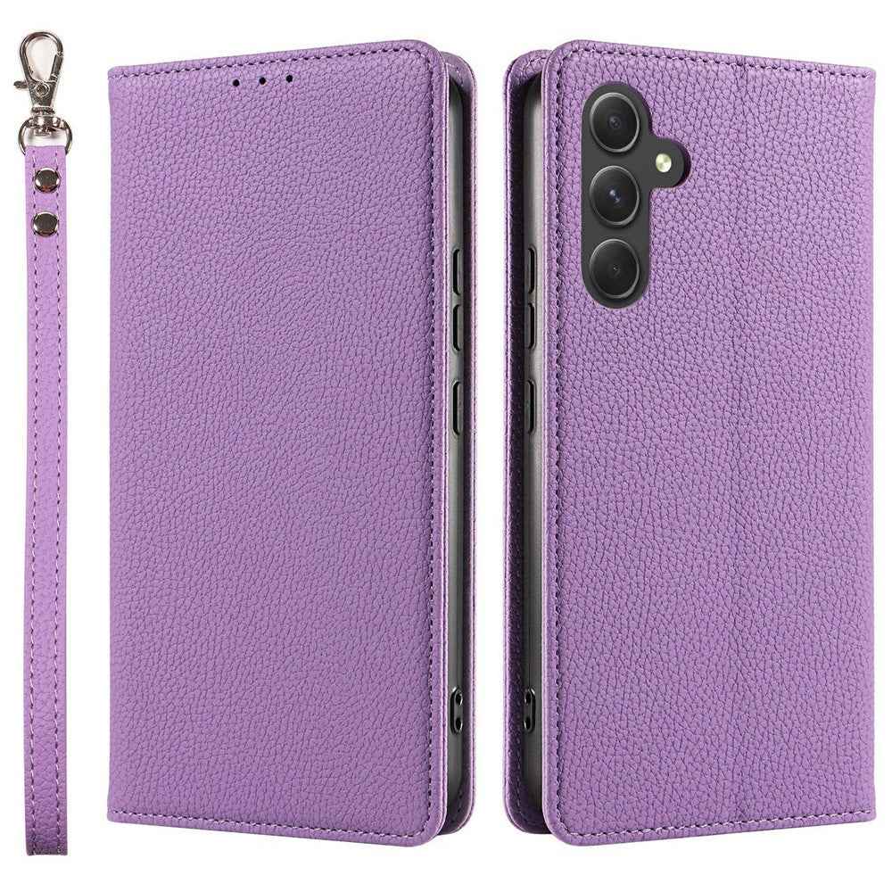 For Samsung Galaxy A57 5G Case Magnetic Litchi Texture Wallet Leather Phone Cover with Wrist Strap - Purple