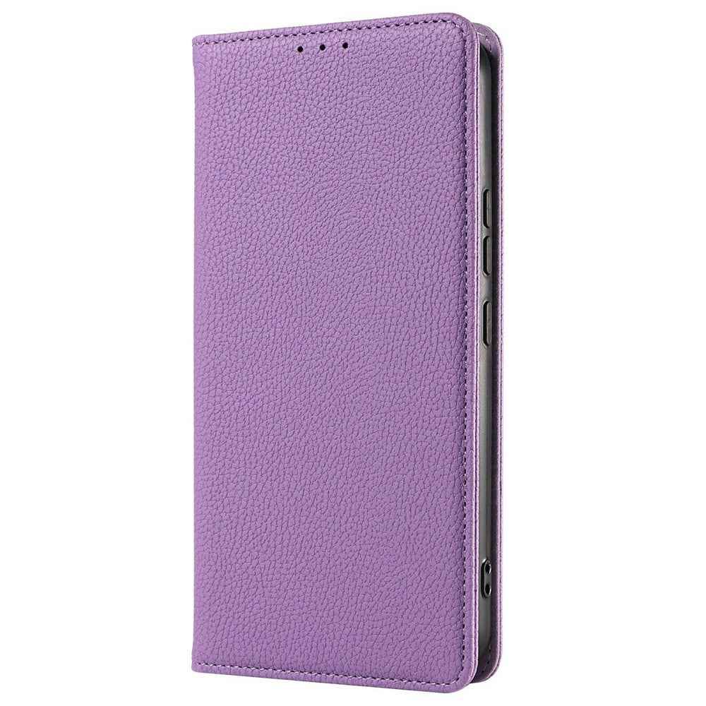 For Samsung Galaxy A57 5G Case Magnetic Litchi Texture Wallet Leather Phone Cover with Wrist Strap - Purple
