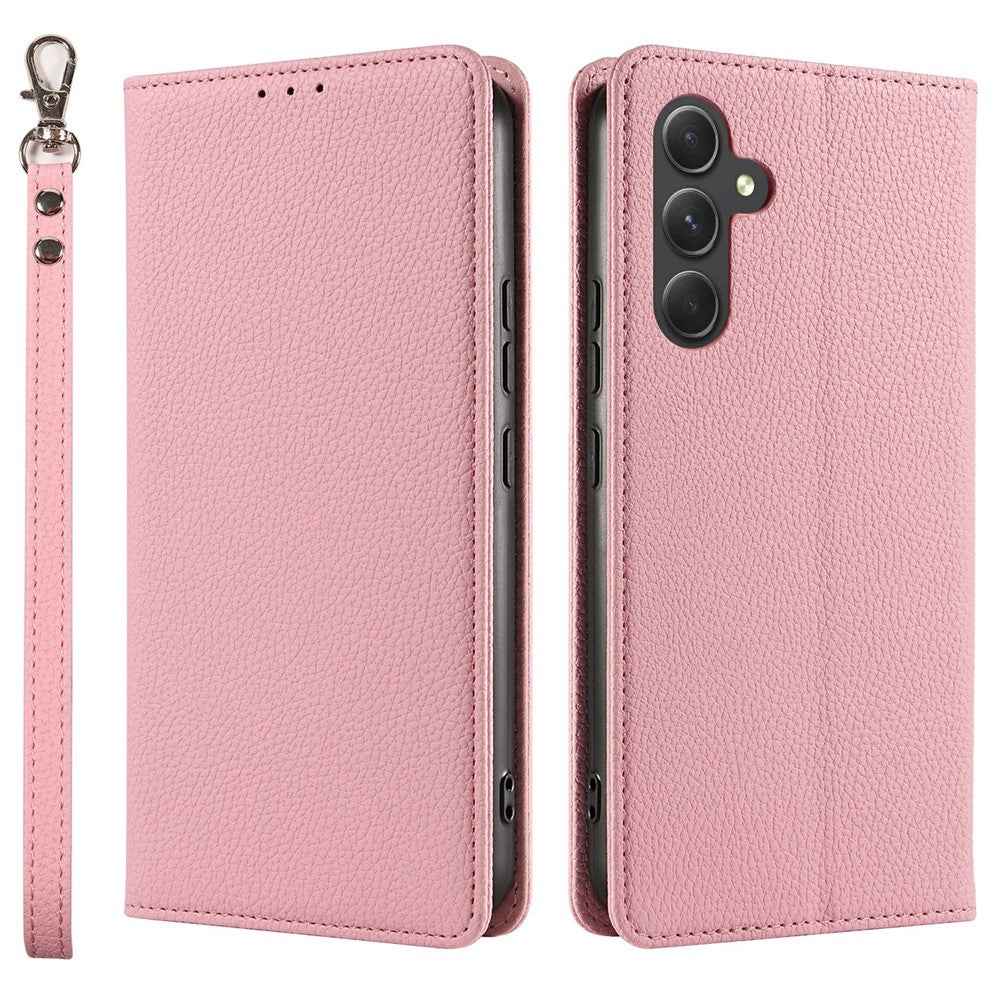For Samsung Galaxy A57 5G Case Magnetic Litchi Texture Wallet Leather Phone Cover with Wrist Strap - Pink