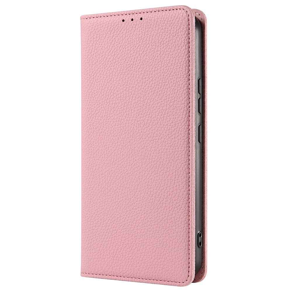 For Samsung Galaxy A57 5G Case Magnetic Litchi Texture Wallet Leather Phone Cover with Wrist Strap - Pink