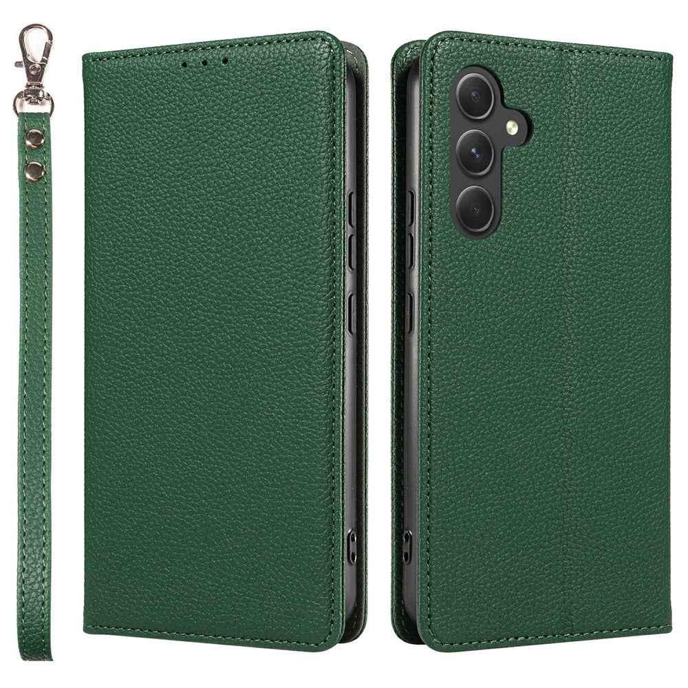 For Samsung Galaxy A57 5G Case Magnetic Litchi Texture Wallet Leather Phone Cover with Wrist Strap - Green