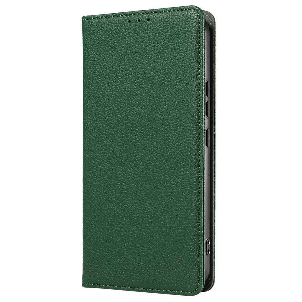 For Samsung Galaxy A57 5G Case Magnetic Litchi Texture Wallet Leather Phone Cover with Wrist Strap - Green