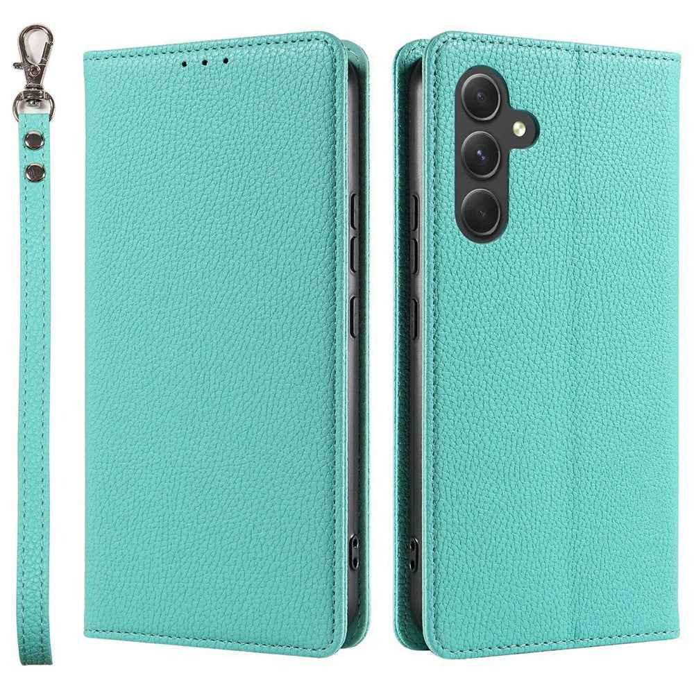 For Samsung Galaxy A57 5G Case Magnetic Litchi Texture Wallet Leather Phone Cover with Wrist Strap - Mint Green