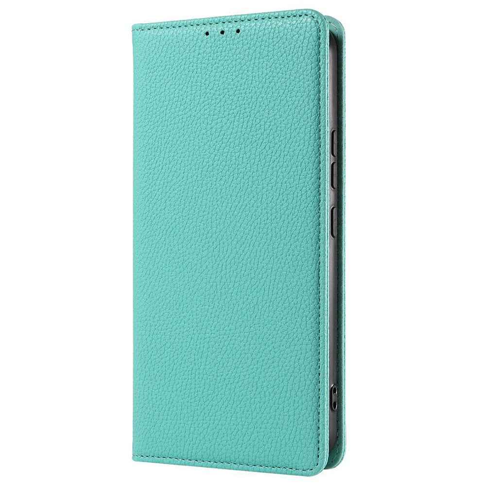 For Samsung Galaxy A57 5G Case Magnetic Litchi Texture Wallet Leather Phone Cover with Wrist Strap - Mint Green