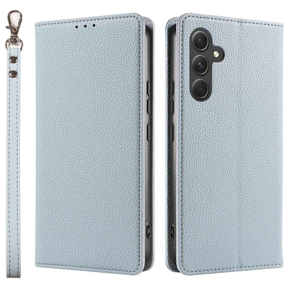 For Samsung Galaxy A57 5G Case Magnetic Litchi Texture Wallet Leather Phone Cover with Wrist Strap - Baby Blue