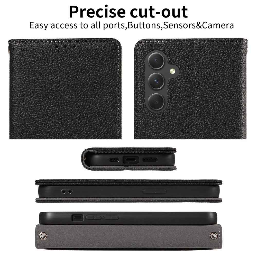For Samsung Galaxy A57 5G Case Magnetic Litchi Texture Wallet Leather Phone Cover with Wrist Strap - Baby Blue