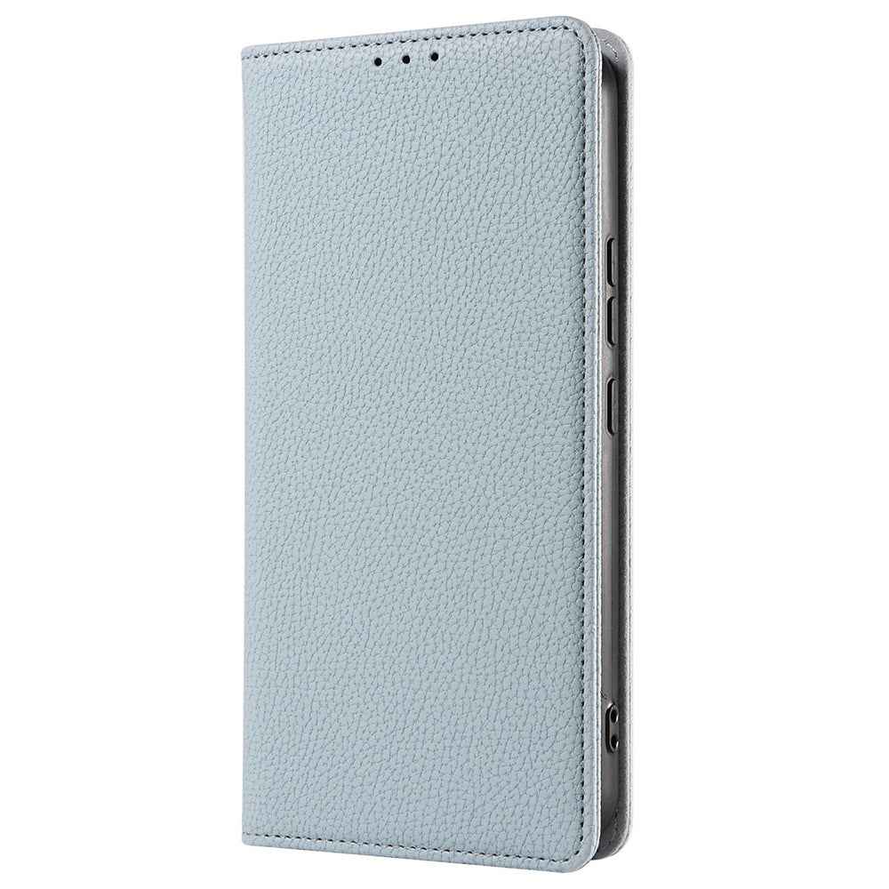 For Samsung Galaxy A57 5G Case Magnetic Litchi Texture Wallet Leather Phone Cover with Wrist Strap - Baby Blue
