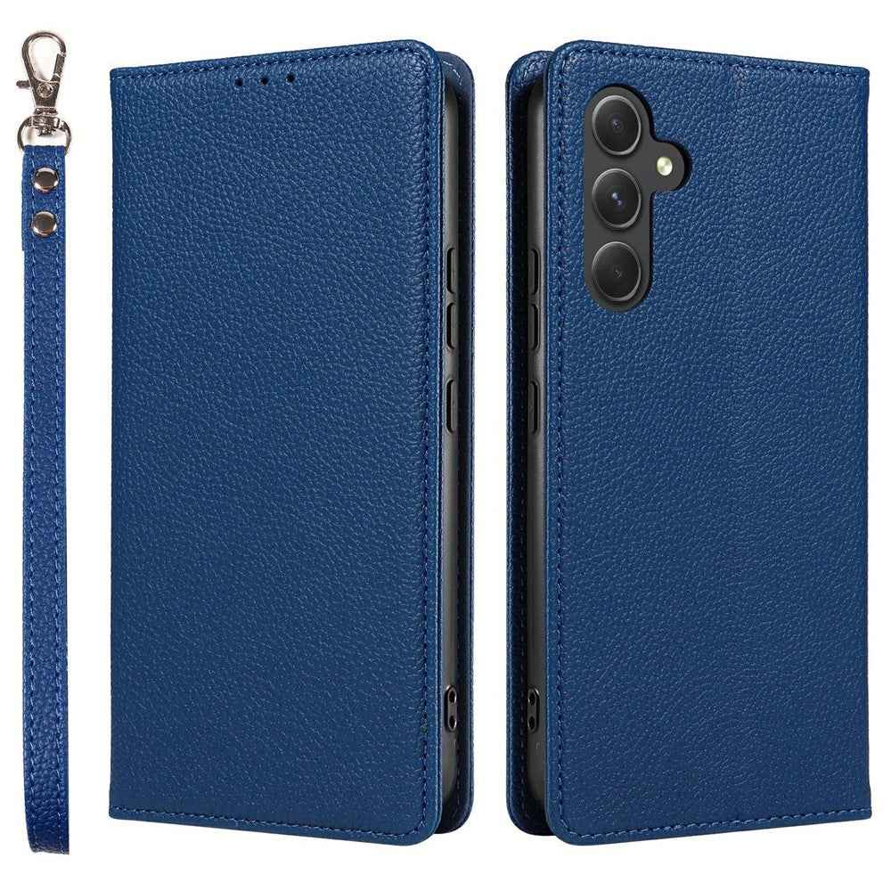 For Samsung Galaxy A57 5G Case Magnetic Litchi Texture Wallet Leather Phone Cover with Wrist Strap - Dark Blue