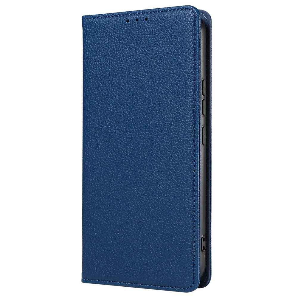 For Samsung Galaxy A57 5G Case Magnetic Litchi Texture Wallet Leather Phone Cover with Wrist Strap - Dark Blue