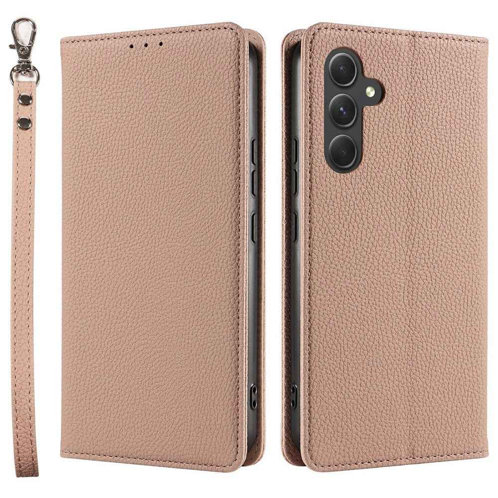 For Samsung Galaxy A57 5G Case Magnetic Litchi Texture Wallet Leather Phone Cover with Wrist Strap - Flesh Color