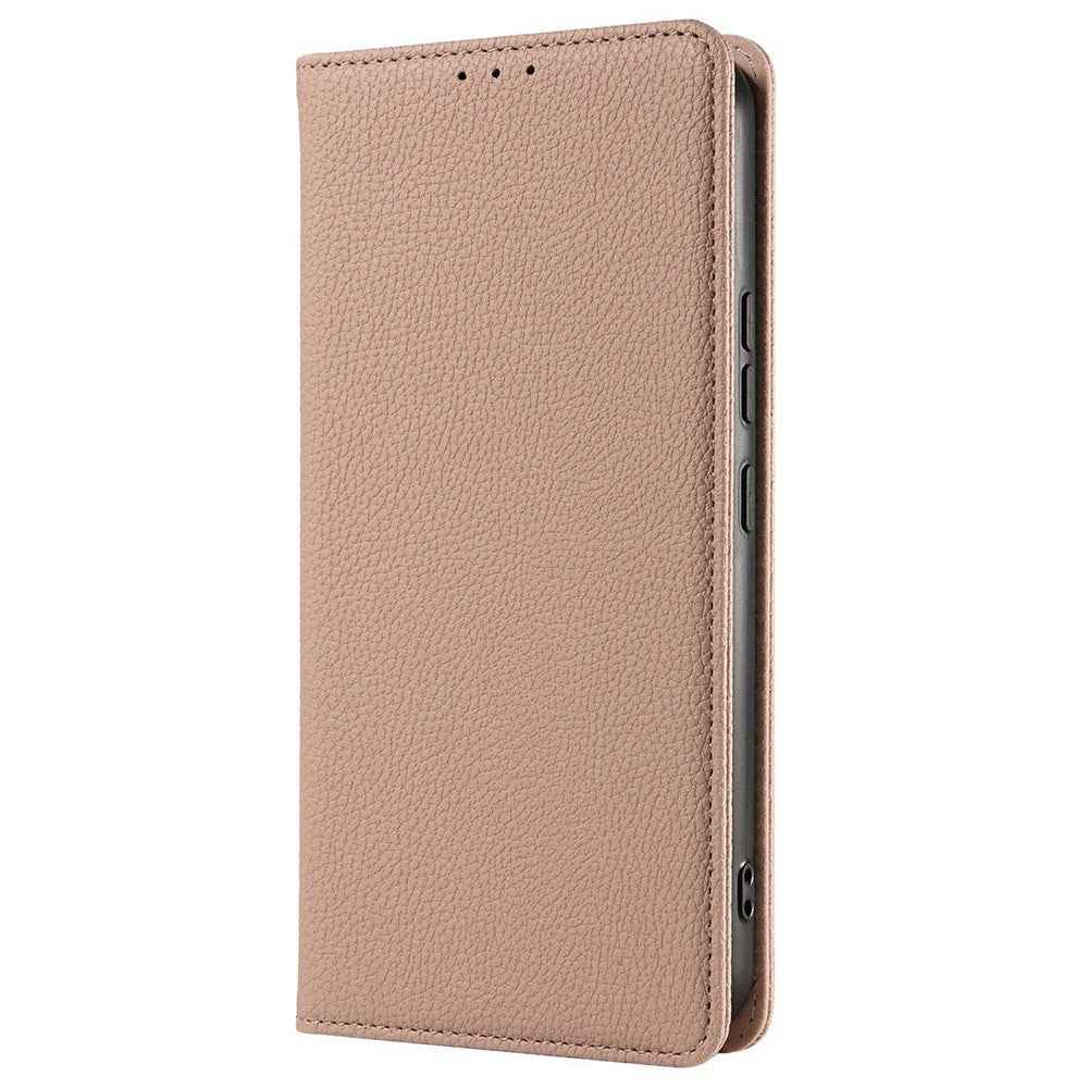For Samsung Galaxy A57 5G Case Magnetic Litchi Texture Wallet Leather Phone Cover with Wrist Strap - Flesh Color