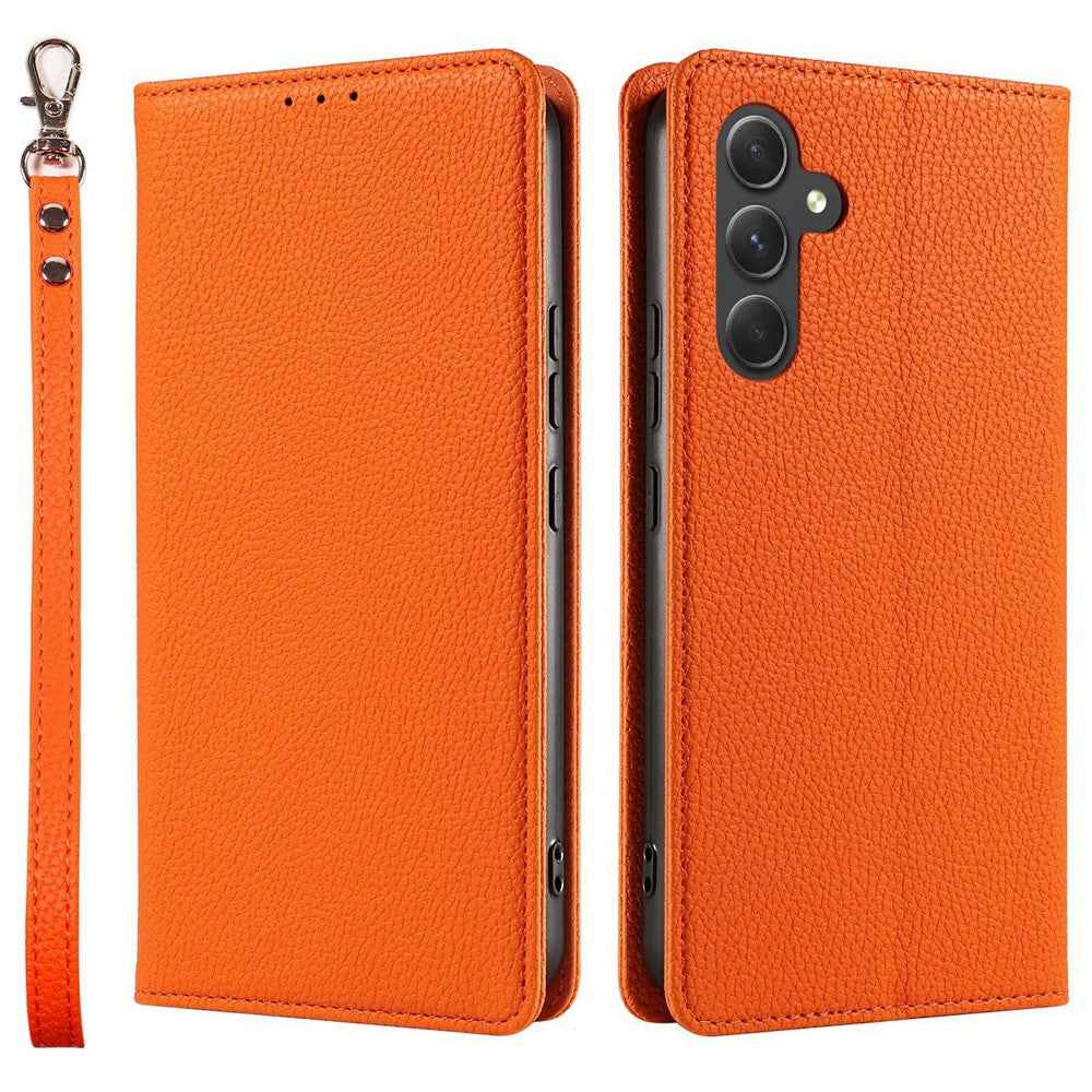 For Samsung Galaxy A57 5G Case Magnetic Litchi Texture Wallet Leather Phone Cover with Wrist Strap - Orange