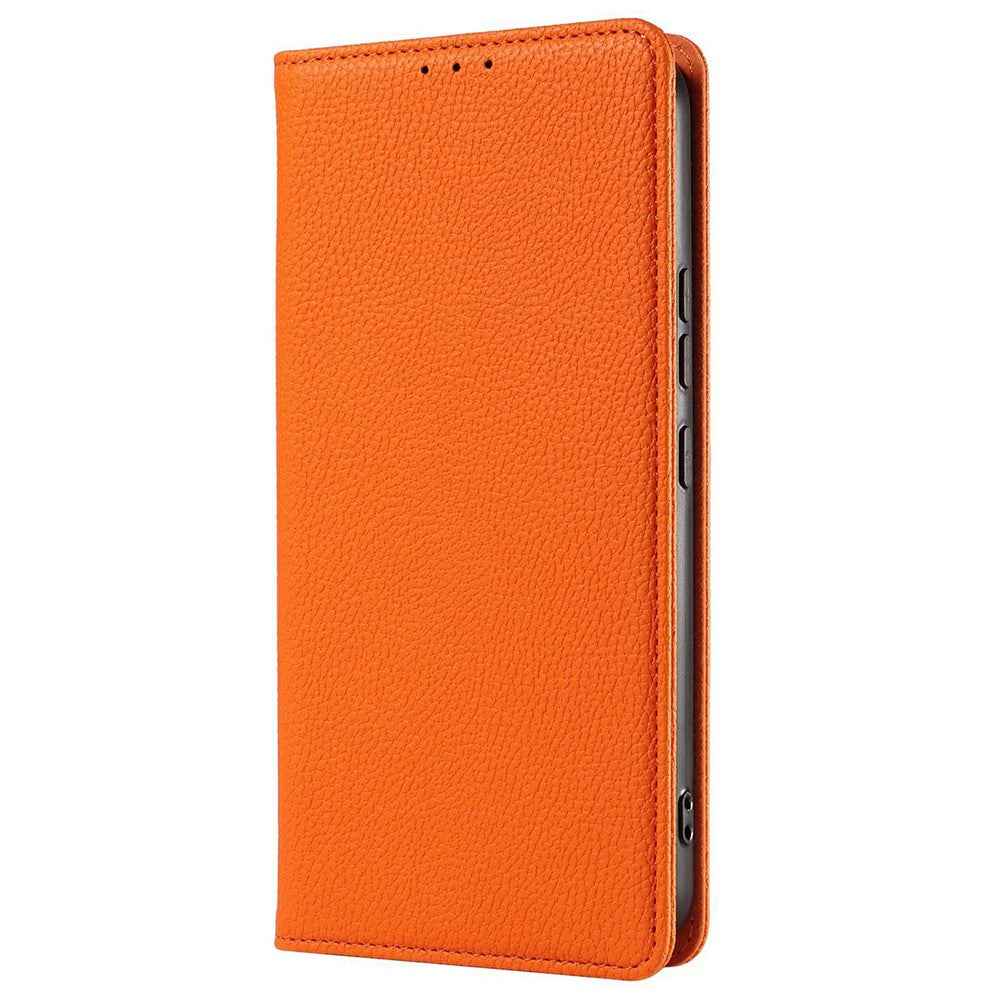 For Samsung Galaxy A57 5G Case Magnetic Litchi Texture Wallet Leather Phone Cover with Wrist Strap - Orange