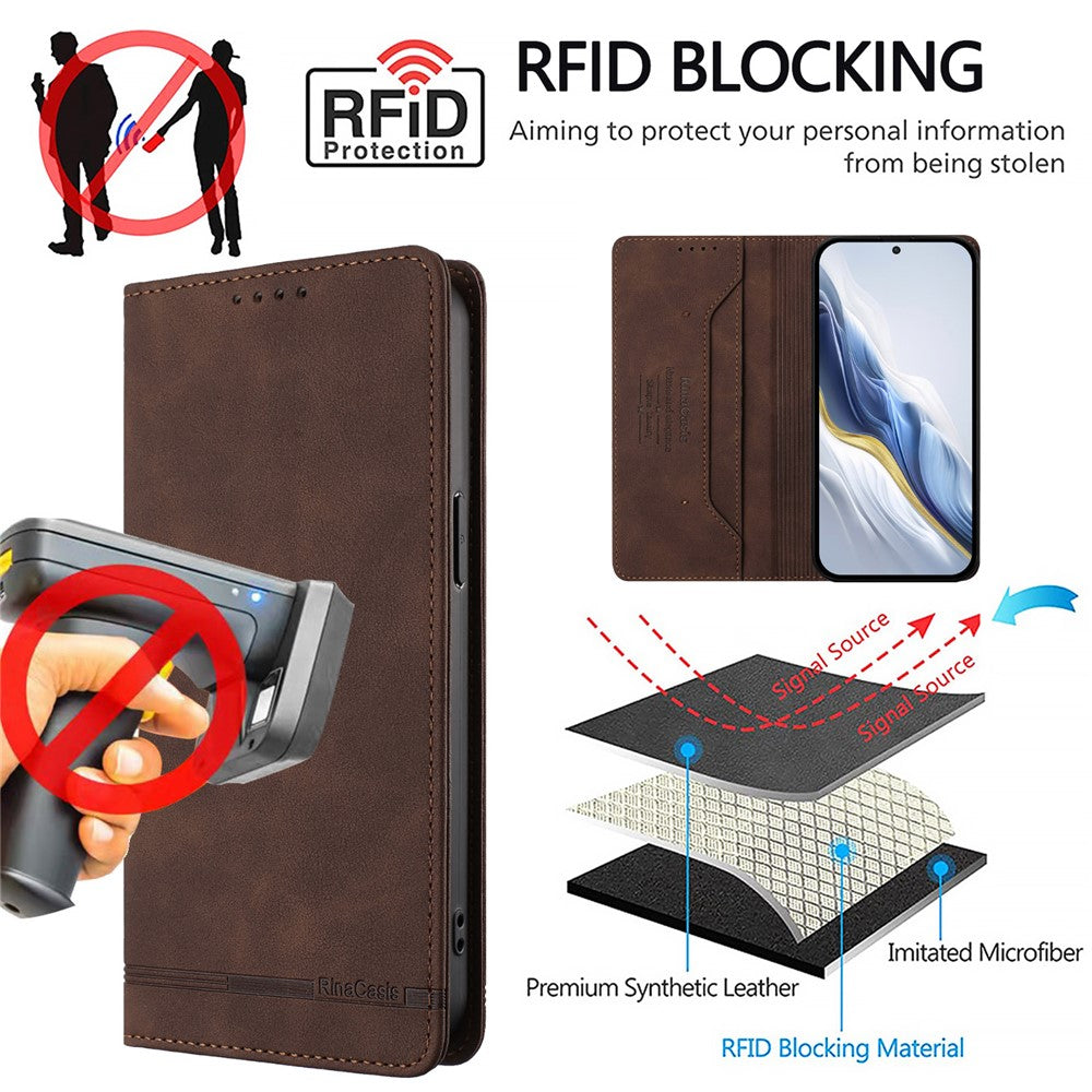 RINACASIS RC23 Phone Case For Xiaomi Poco M8 5G / Redmi Note 15 5G (Global) / 15 4G (Global) RFID Blocking Wallet Stand PU Leather Cover - Brown