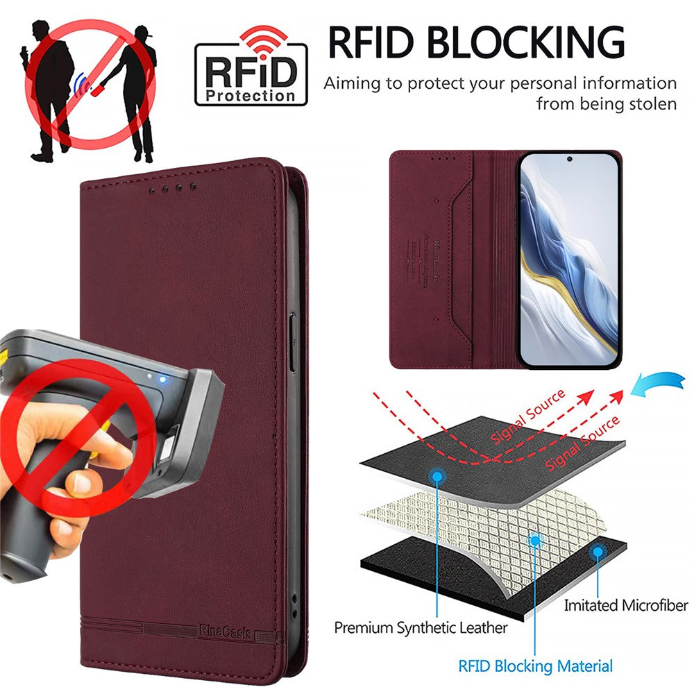 RINACASIS RC23 Phone Case For Xiaomi Poco M8 5G / Redmi Note 15 5G (Global) / 15 4G (Global) RFID Blocking Wallet Stand PU Leather Cover - Wine Red