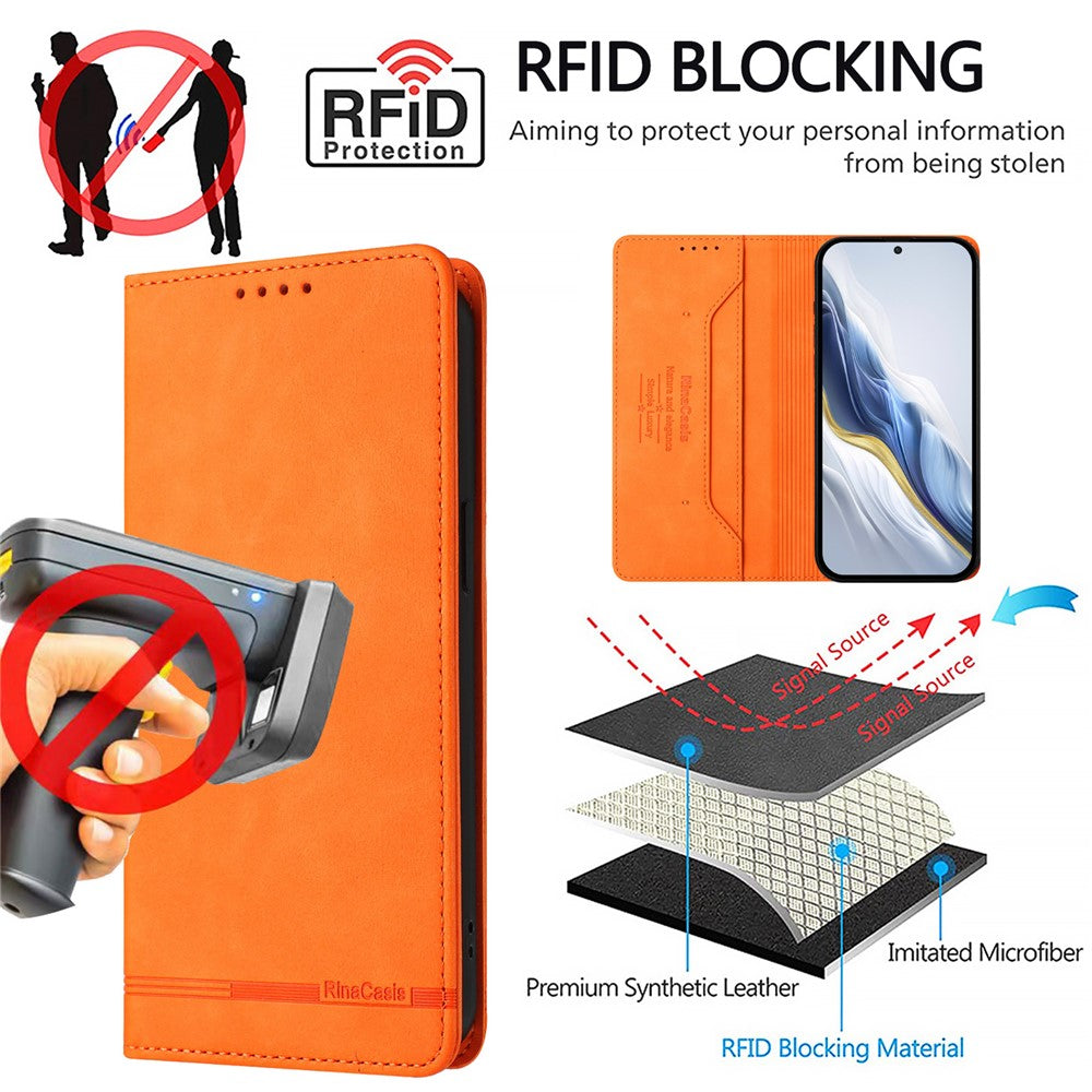 RINACASIS RC23 Phone Case For Xiaomi Poco M8 5G / Redmi Note 15 5G (Global) / 15 4G (Global) RFID Blocking Wallet Stand PU Leather Cover - Orange