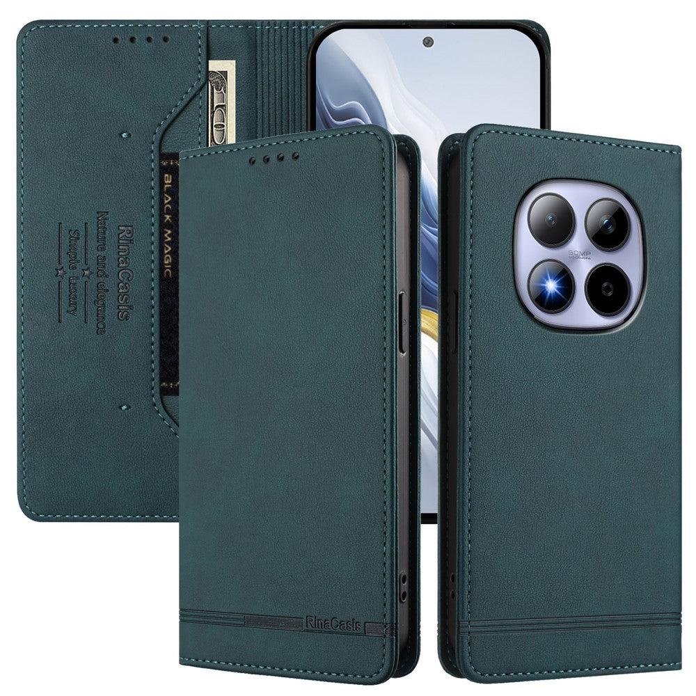 RINACASIS RC23 For Xiaomi Redmi Note 15 Pro 5G (Global) Case RFID Blocking Wallet Stand PU Leather Phone Cover - Dark Green