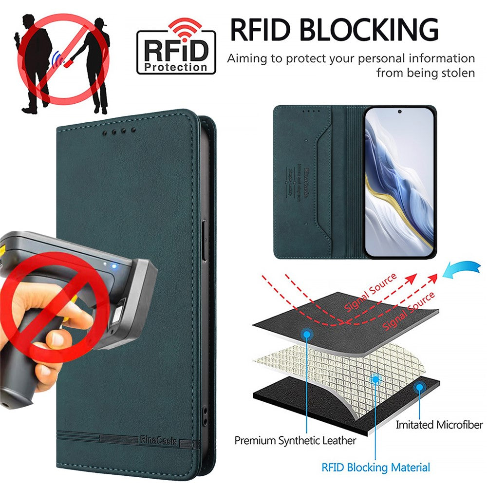 RINACASIS RC23 For Xiaomi Redmi Note 15 Pro 5G (Global) Case RFID Blocking Wallet Stand PU Leather Phone Cover - Dark Green