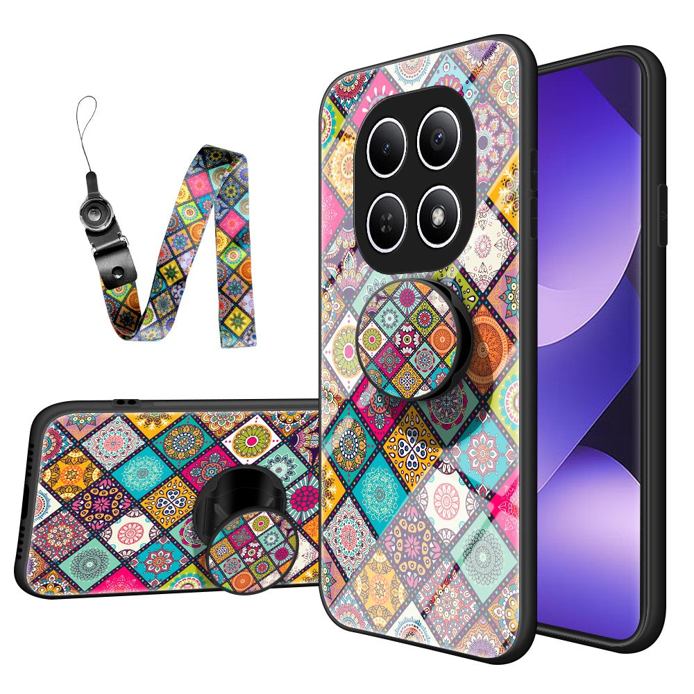 Phone Case For Xiaomi Poco M8 5G / Redmi Note 15 5G (Global) Kickstand Ethnic Pattern Tempered Glass Phone Cover with Strap - Checkered Pattern
