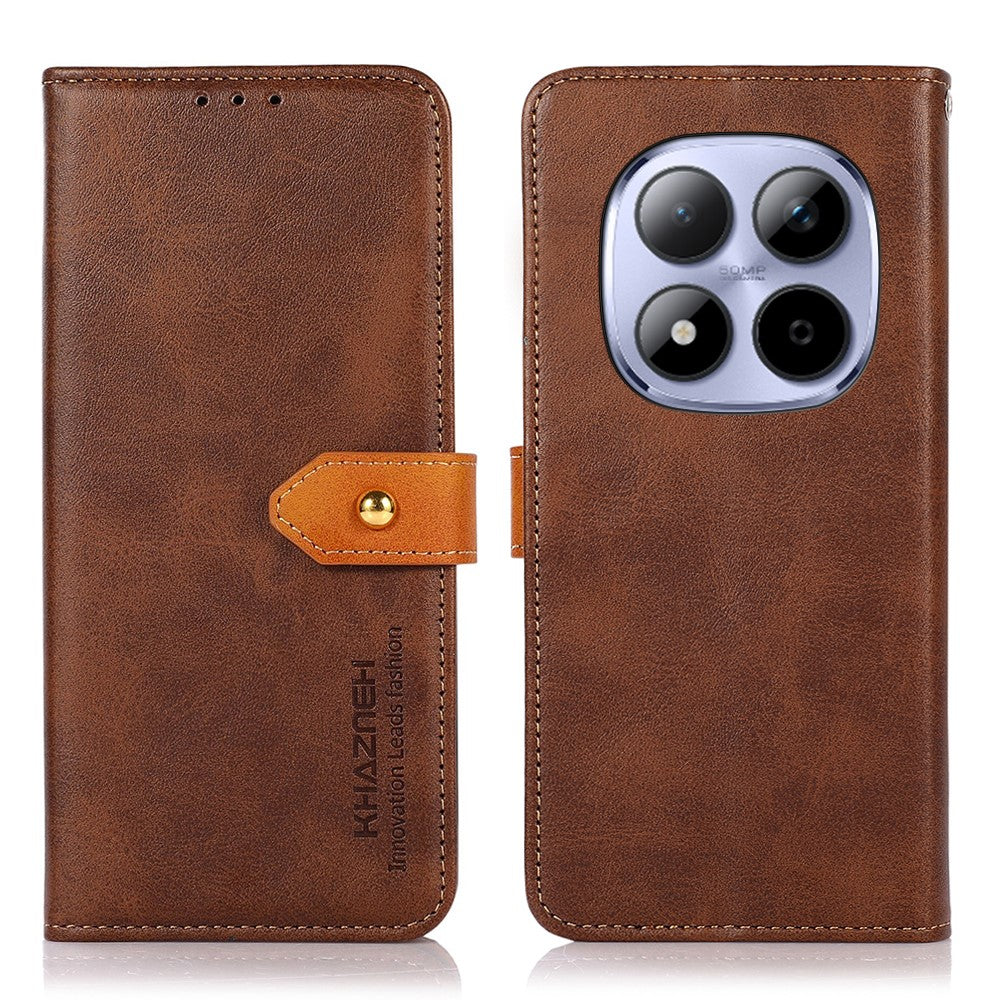 KHAZNEH For Xiaomi Redmi Note 15 Pro 4G (Global) Wallet Case Gold Magnetic Clasp Cowhide Texture Leather Flip Stand Phone Cover - Brown