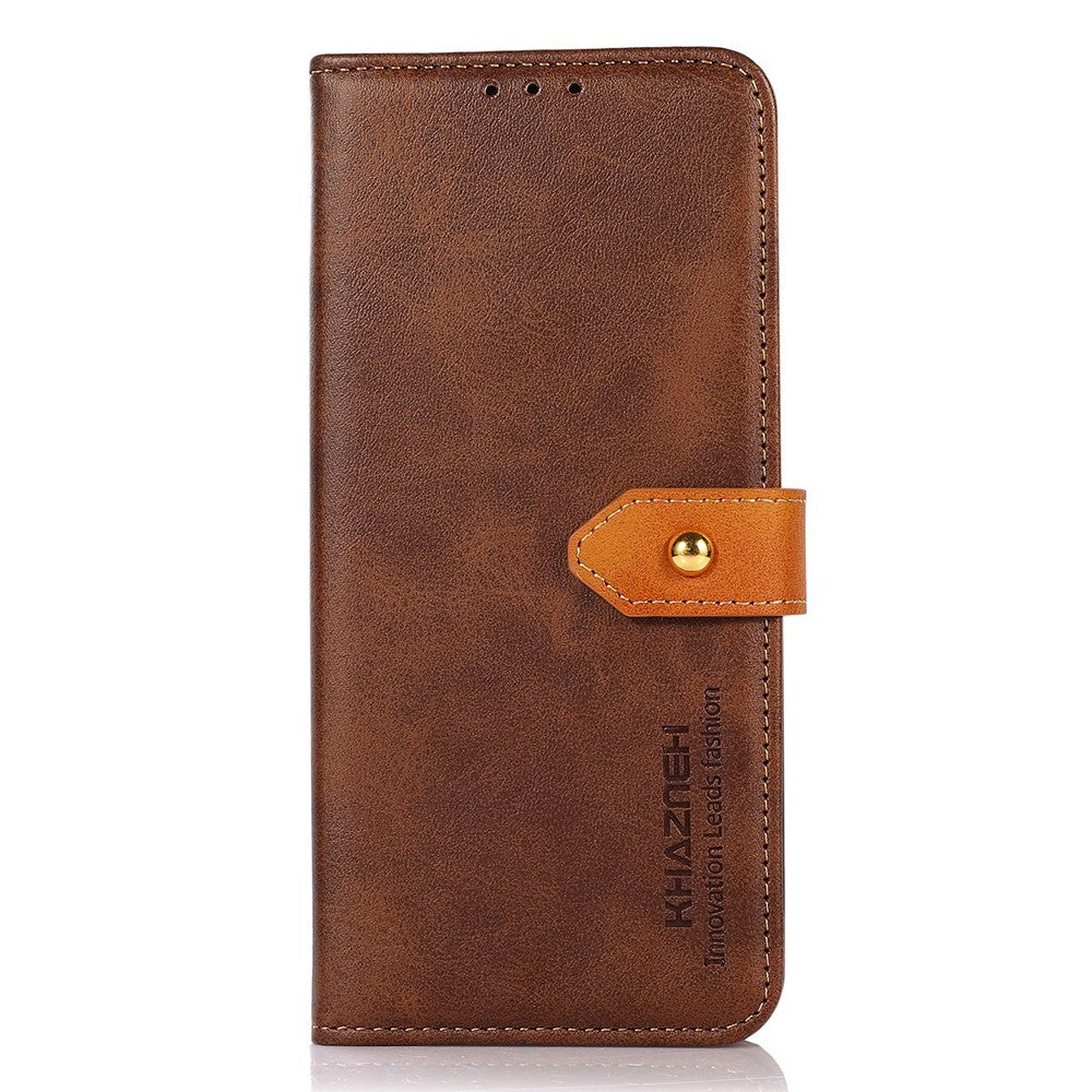 KHAZNEH For Xiaomi Redmi Note 15 Pro 4G (Global) Wallet Case Gold Magnetic Clasp Cowhide Texture Leather Flip Stand Phone Cover - Brown