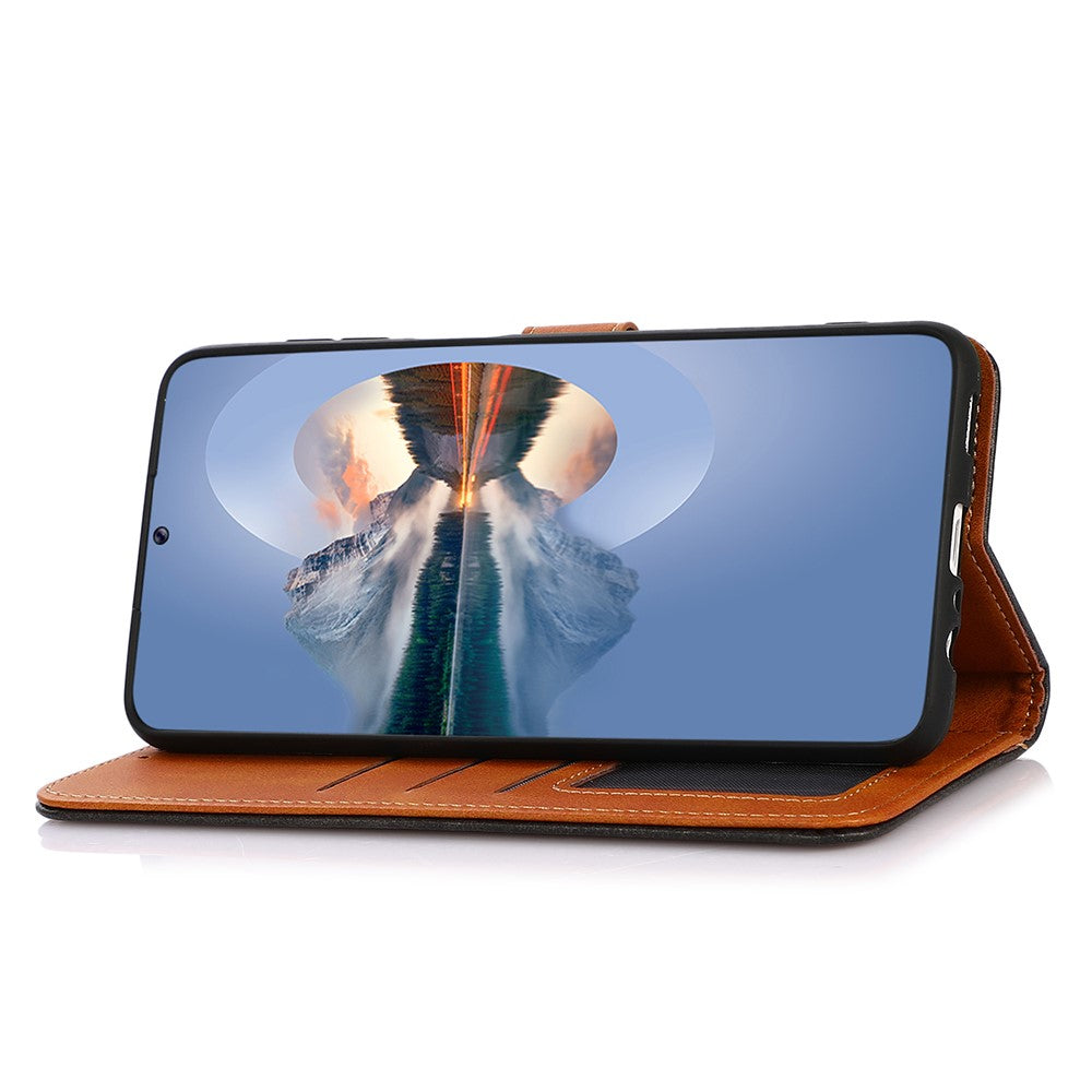 KHAZNEH For Xiaomi Redmi Note 15 Pro 4G (Global) Wallet Case Gold Magnetic Clasp Cowhide Texture Leather Flip Stand Phone Cover - Blue