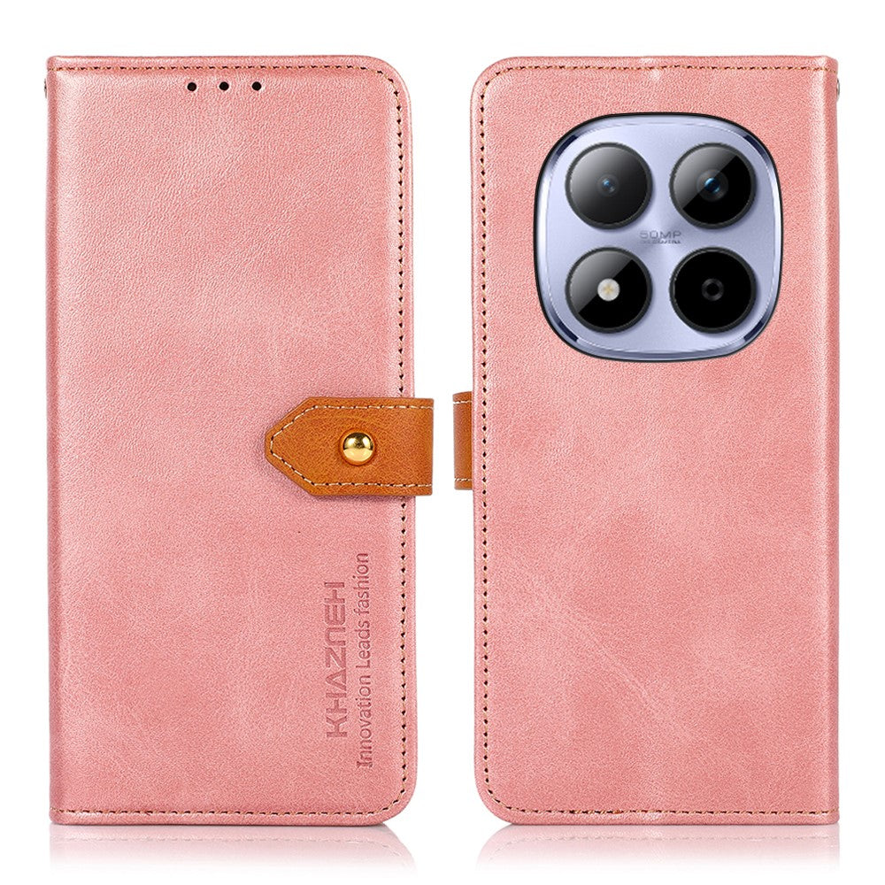 KHAZNEH For Xiaomi Redmi Note 15 Pro 4G (Global) Wallet Case Gold Magnetic Clasp Cowhide Texture Leather Flip Stand Phone Cover - Pink