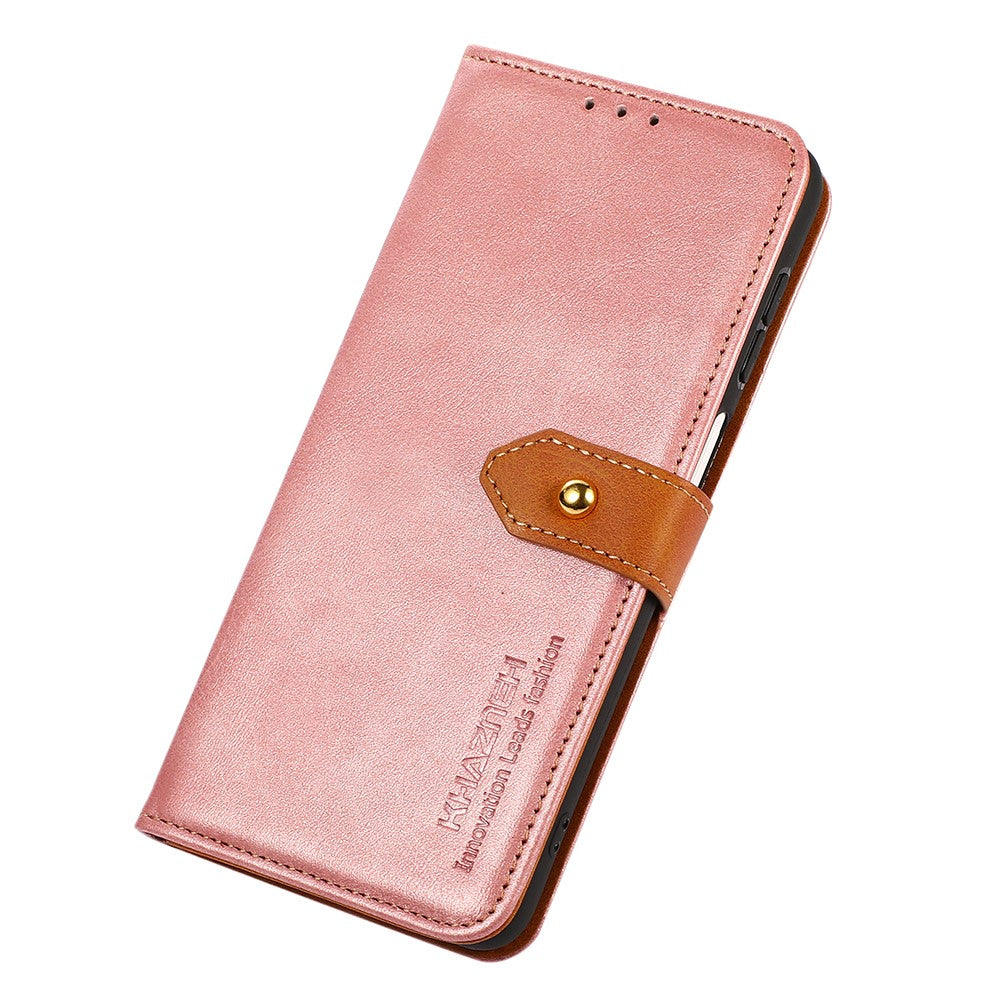 KHAZNEH For Xiaomi Redmi Note 15 Pro 4G (Global) Wallet Case Gold Magnetic Clasp Cowhide Texture Leather Flip Stand Phone Cover - Pink