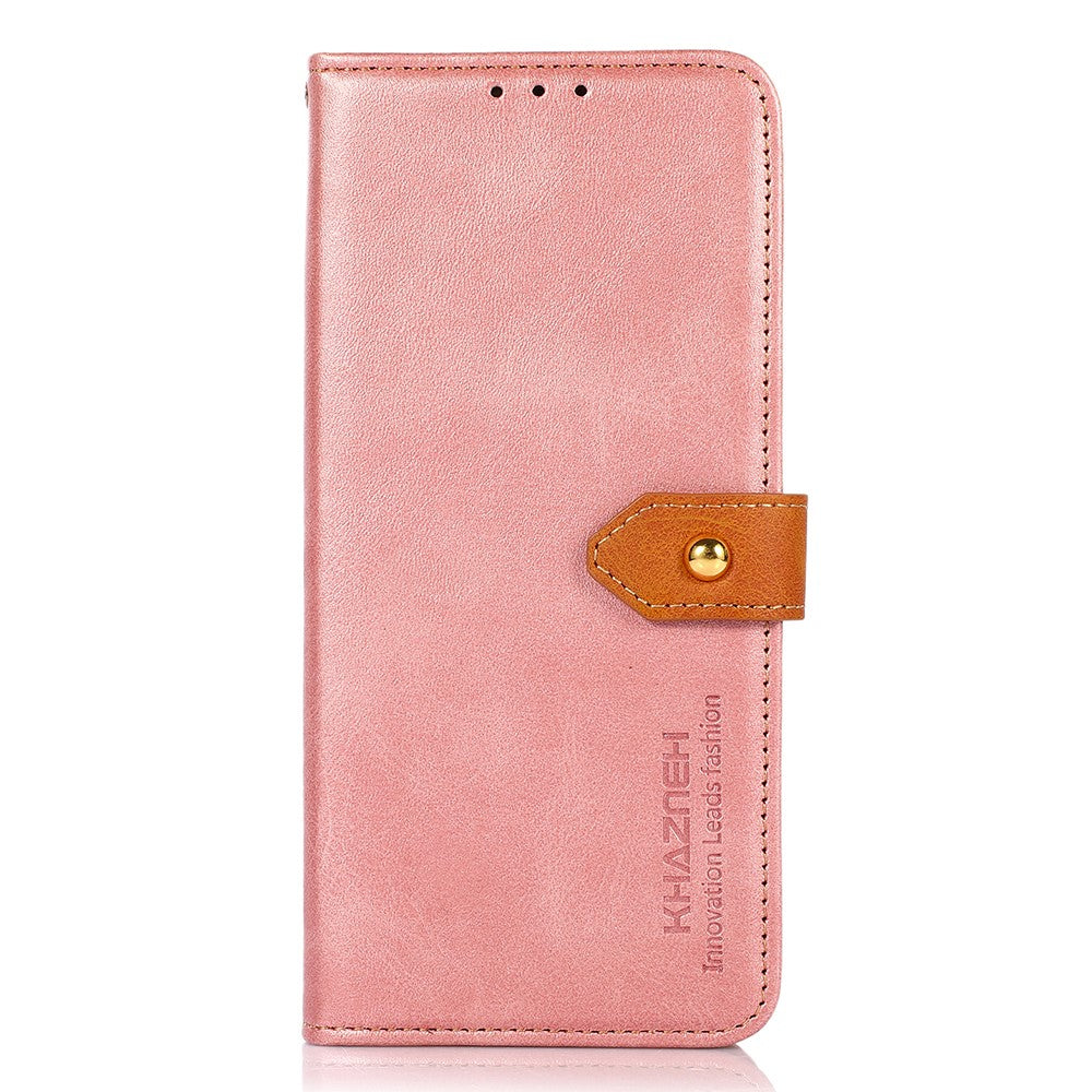 KHAZNEH For Xiaomi Redmi Note 15 Pro 4G (Global) Wallet Case Gold Magnetic Clasp Cowhide Texture Leather Flip Stand Phone Cover - Pink